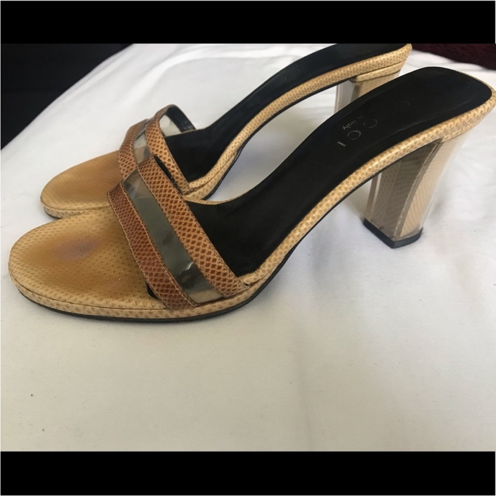 Gucci Snakeskin Tan and Black Heeled Sandals